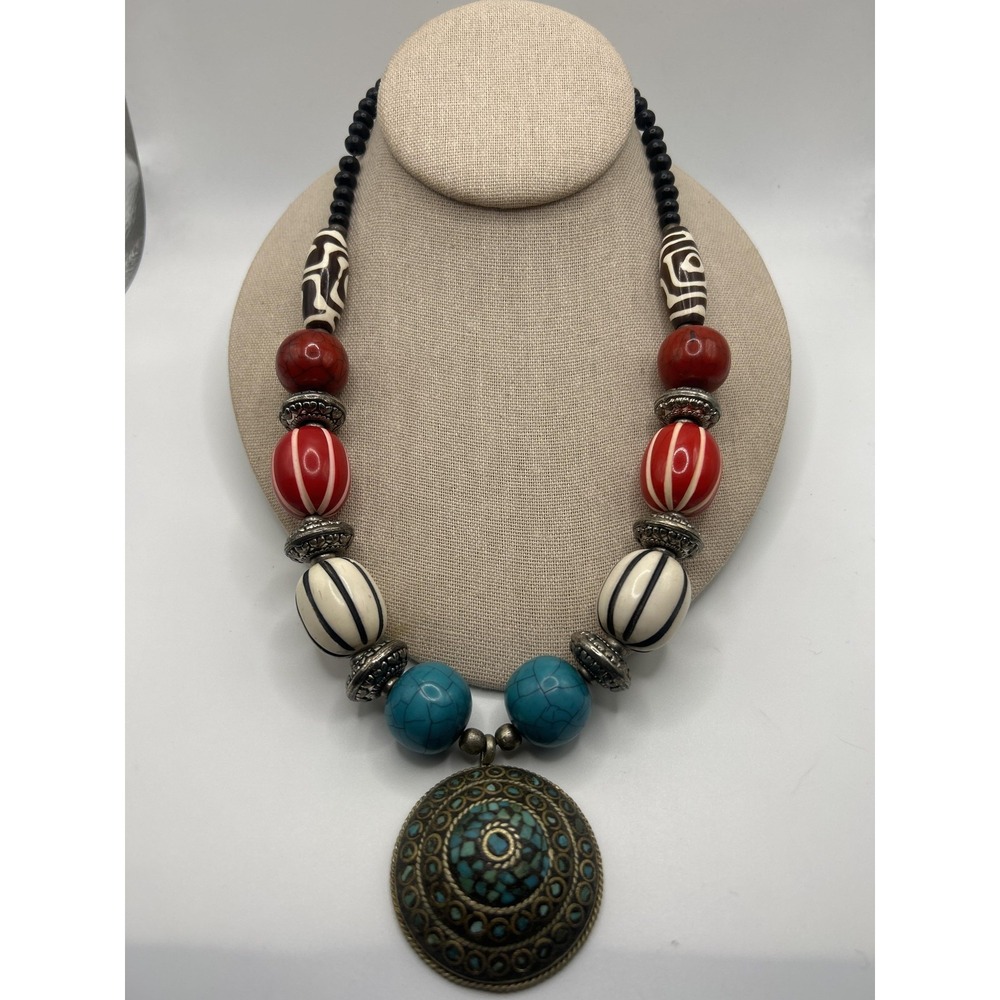 Boho Brass Statement Pendant Necklace Womens‎ Beaded Multicolor